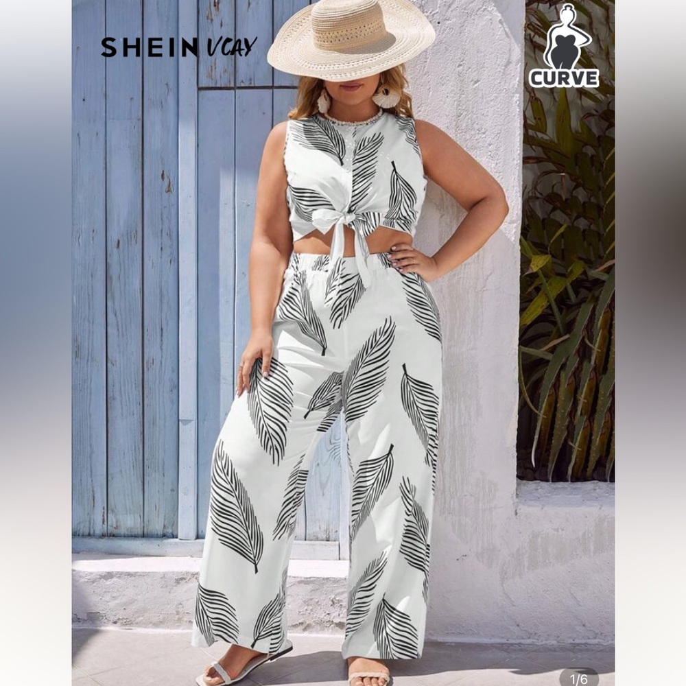 SHEIN Black and White Wide Leg Pants with Feather Print